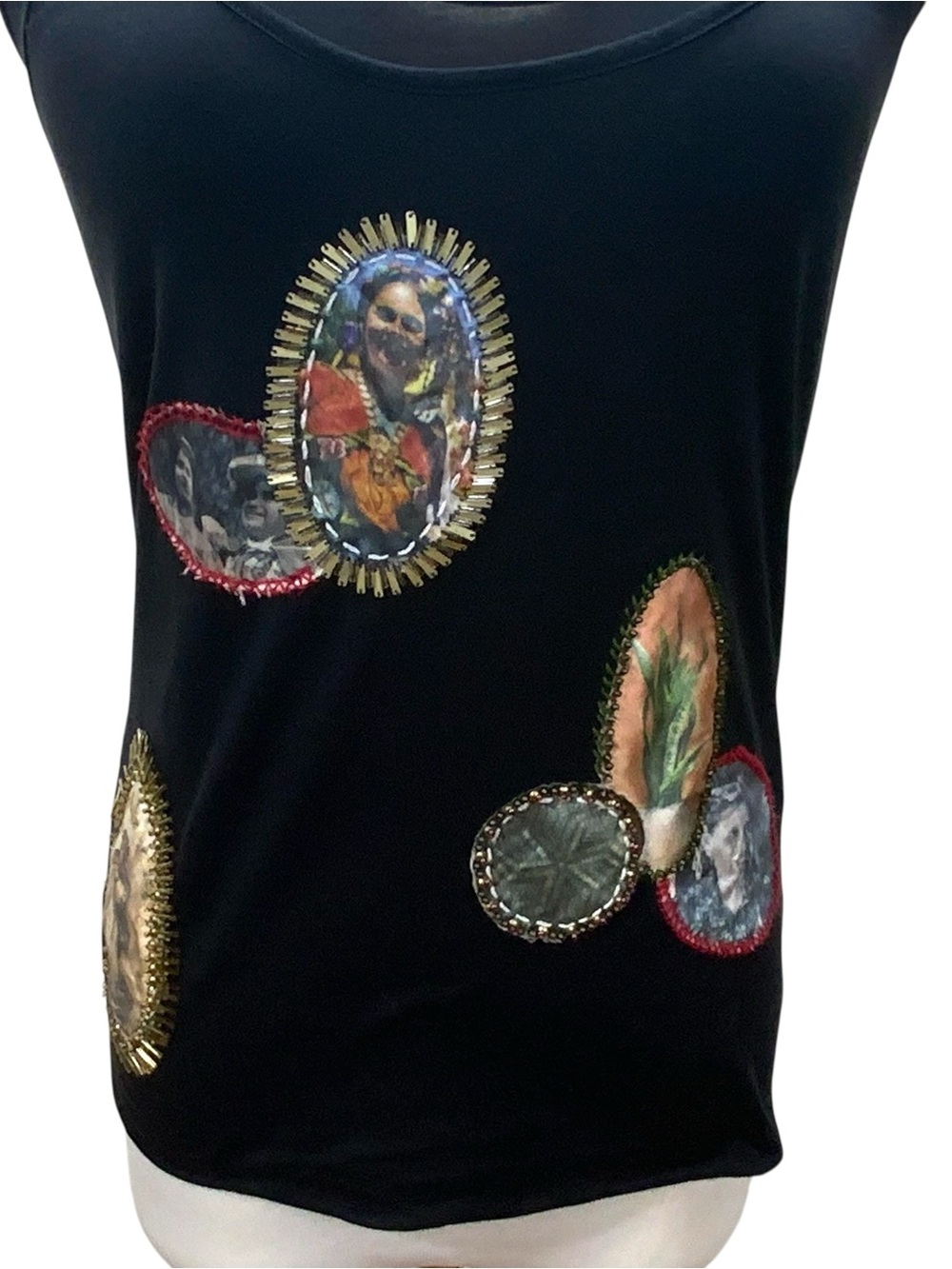 Vintage Marc Cain Silk Tank Top Black Racerback Embellished Art Appliqué Size N - Picture 4 of 9